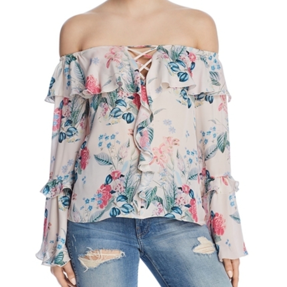 Parker Erin Ruffle Off Shoulder Floral Silk Peasant Blouse size S Pink